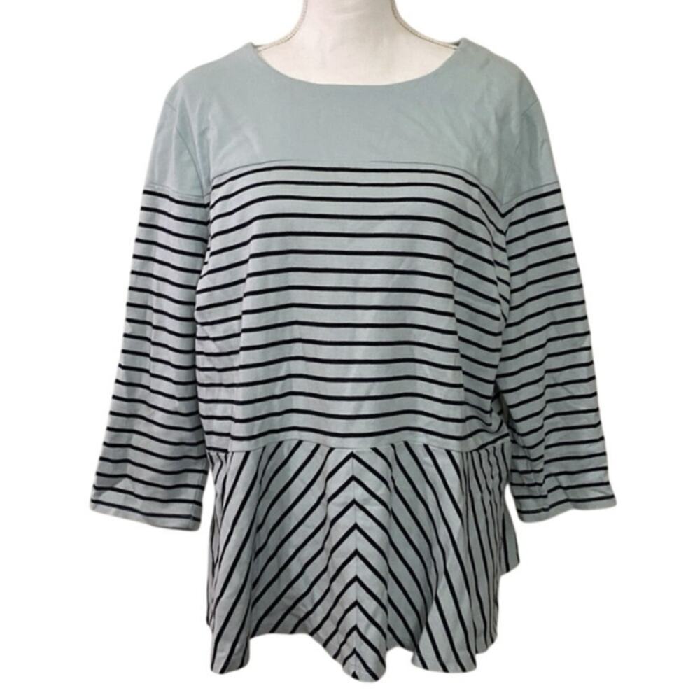 Talbots Plus Woman 2X Light Blue Black Striped Tunic blouse 3/4 sleeve Zip Back